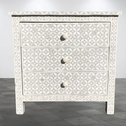 Zohi Interiors Bone Inlay Wide 3 Drawer Bedside Chest in Celtic Grey