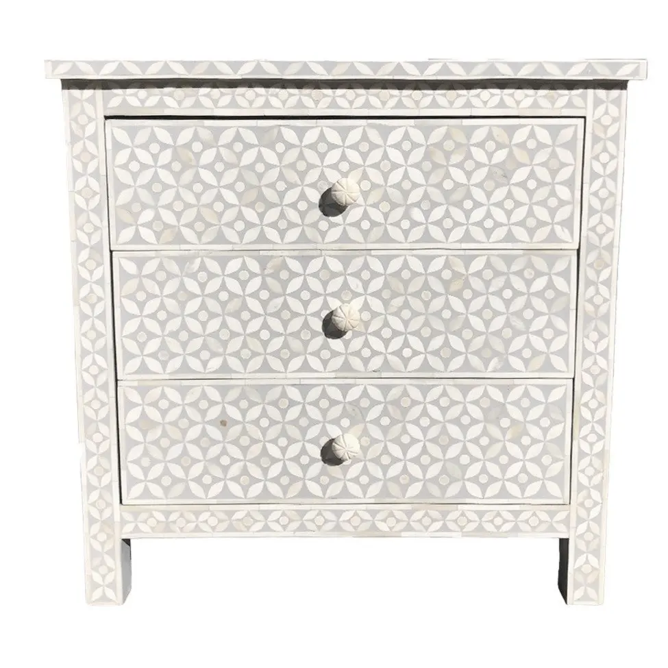 Zohi Interiors Bone Inlay Wide 3 Drawer Bedside Chest in Celtic Grey