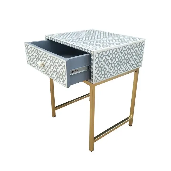 Zohi Interiors Bone Inlay Bedside Table with One Drawer in Celtic/Grey