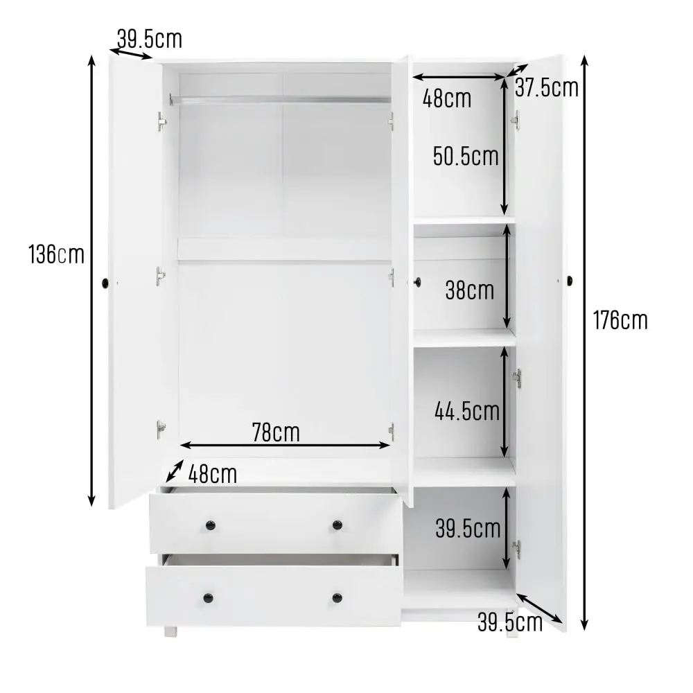 Design Square Vernon Wooden Wardrobe Clothes Rack Storage Cabinet W/ 3-Doors 2-Drawers White