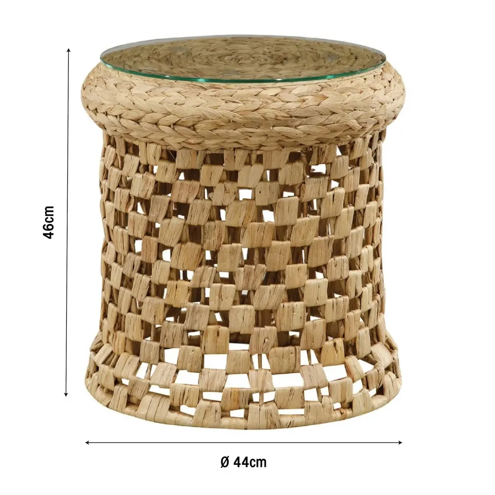 Design Square Lucy Woven Round Slim End Lamp Side Table Glass Top Metal Frame Natural