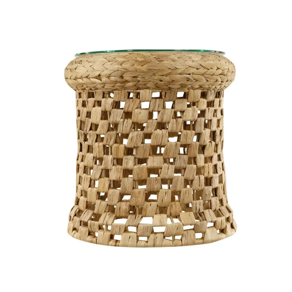 Design Square Lucy Woven Round Slim End Lamp Side Table Glass Top Metal Frame Natural