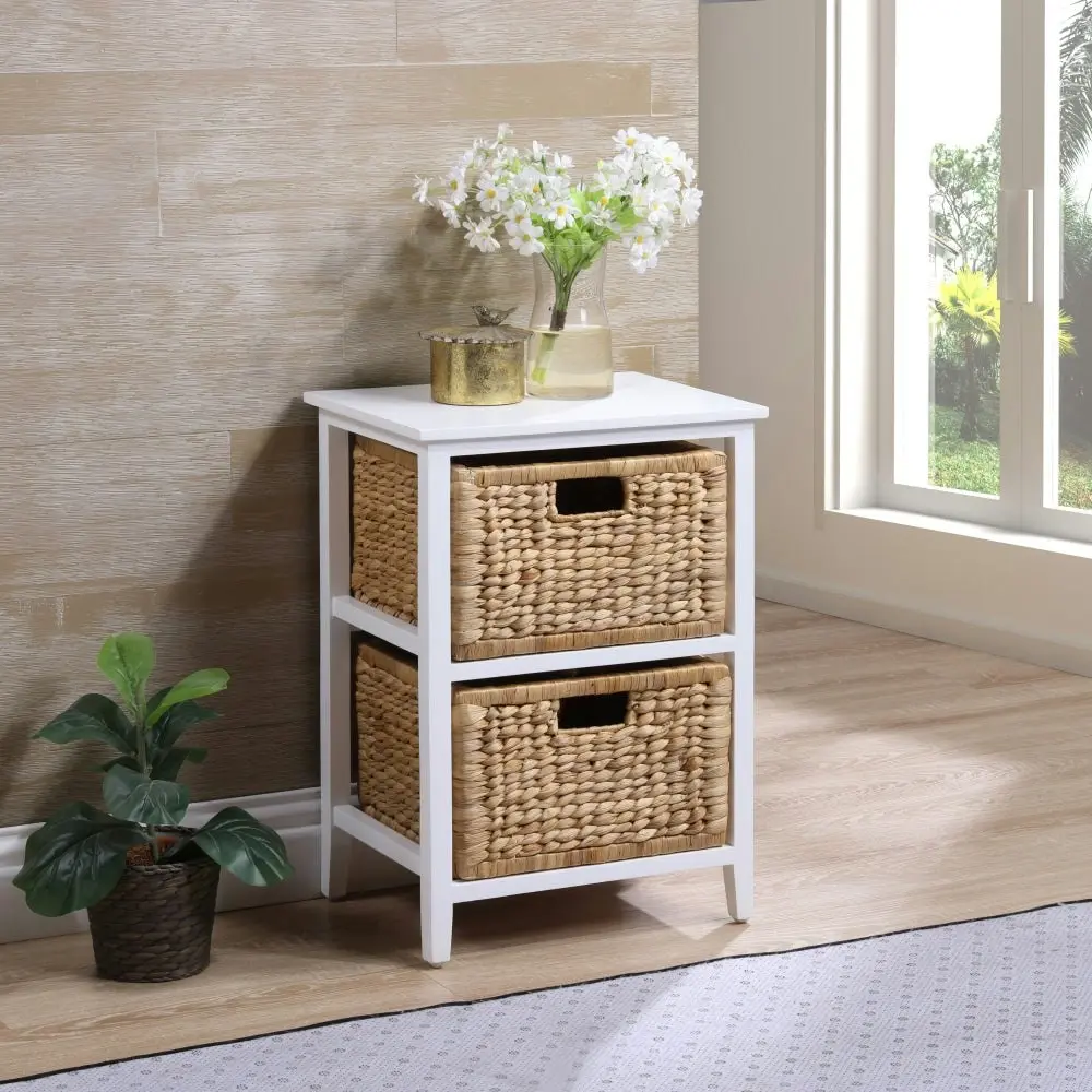 Design Square Rory End Lamp Side Table W/ 2 Woven Baskets White