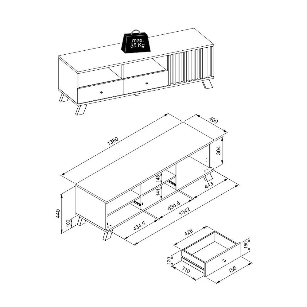 Design Square Mabel Lowline Entertainment Unit TV Stand 1-Door 2-Drawers Oak