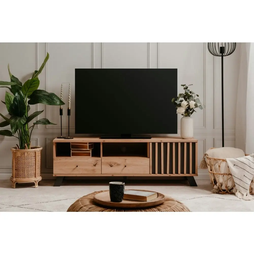 Design Square Mabel Lowline Entertainment Unit TV Stand 1-Door 2-Drawers Oak