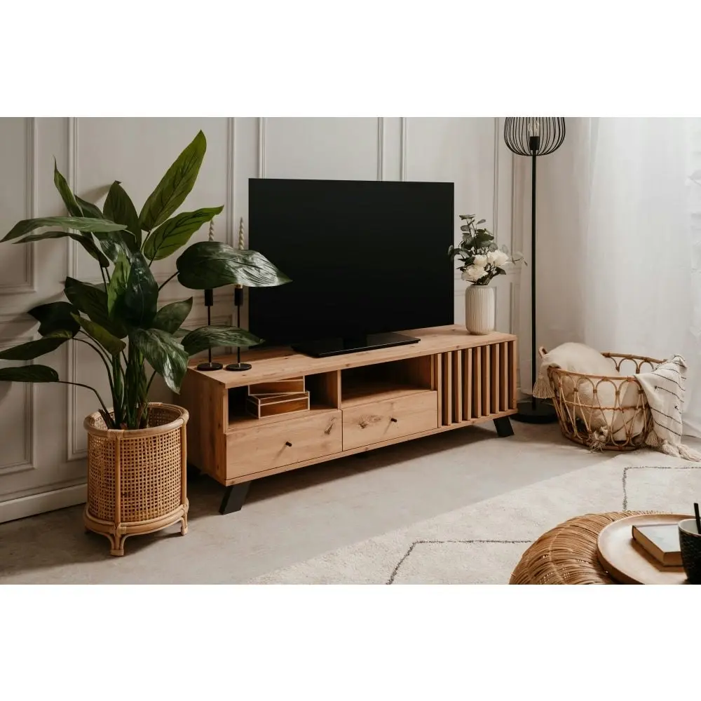 Design Square Mabel Lowline Entertainment Unit TV Stand 1-Door 2-Drawers Oak