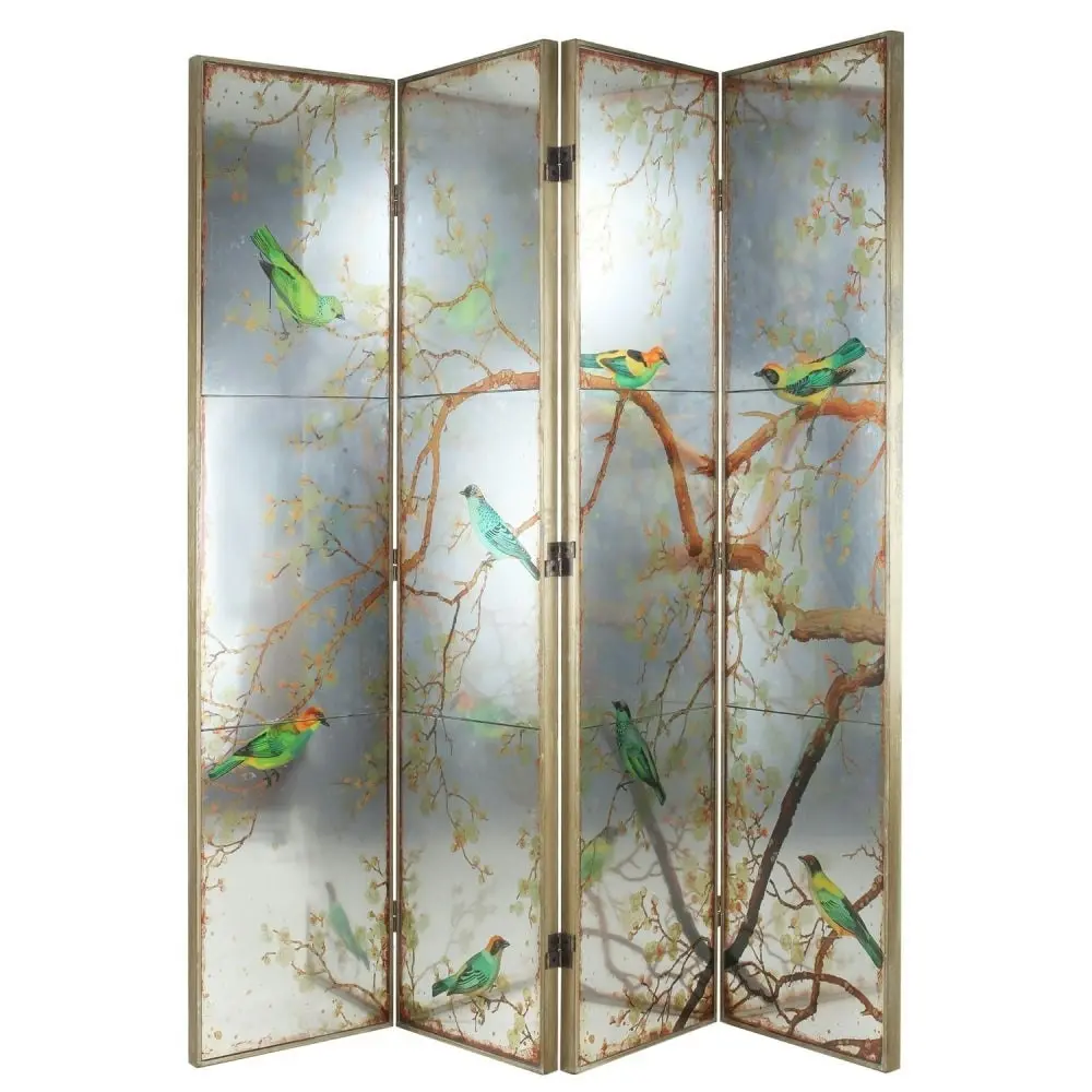 Exotic Oriental Melodies Mirror Bird 4 Panels Room Divider Dressing Screen