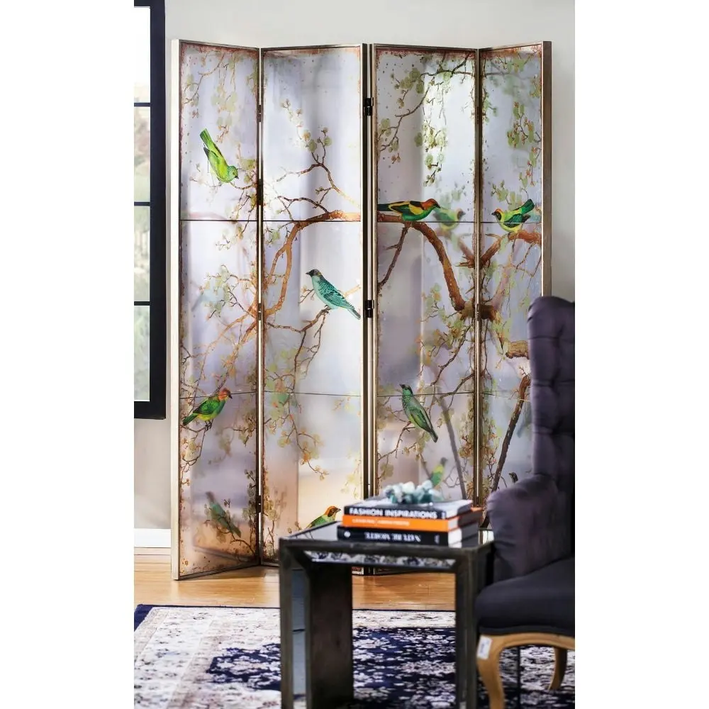 Exotic Oriental Melodies Mirror Bird 4 Panels Room Divider Dressing Screen