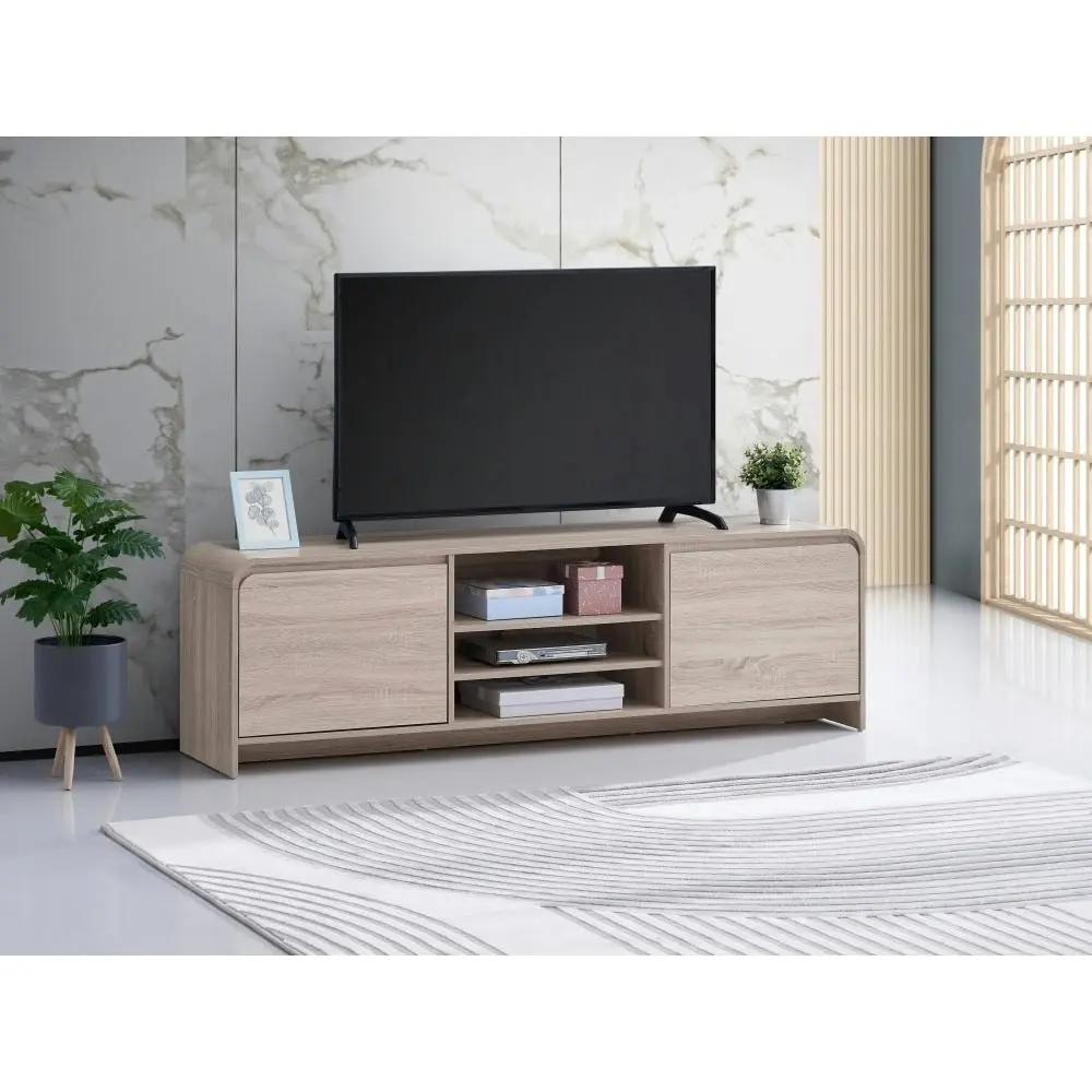 Design Square Ernest Lowline TV Stand Entertainment Unit Storage Cabinet 180cm 2-Doors Oak