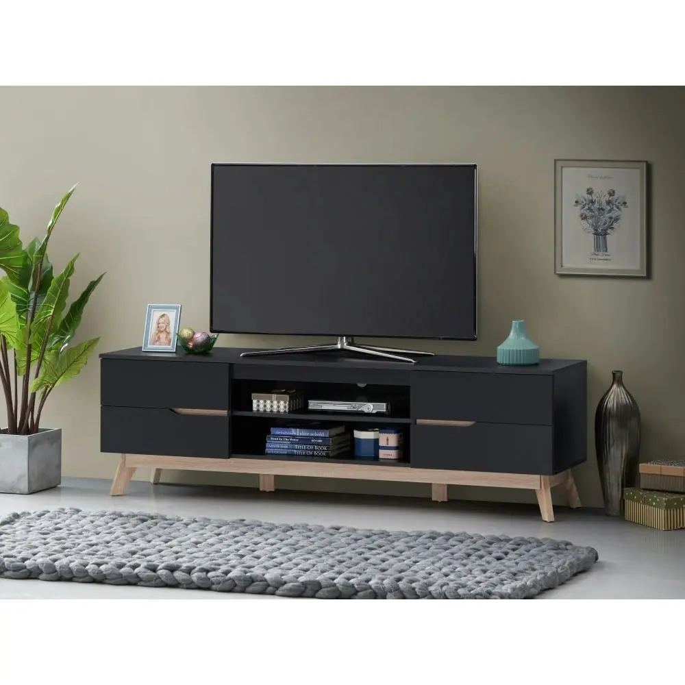 Design Square Cormac Lowline Entertainment Unit TV Stand 180cm W/ 4-Drawers - Black/Oak