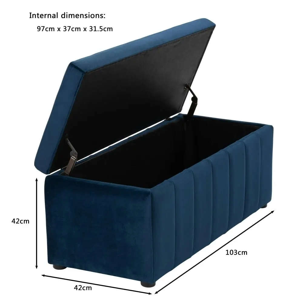 Design Square Lumine Velvet Fabric Sofa Bench Storage Ottoman Foot Rest Stool Dark Blue