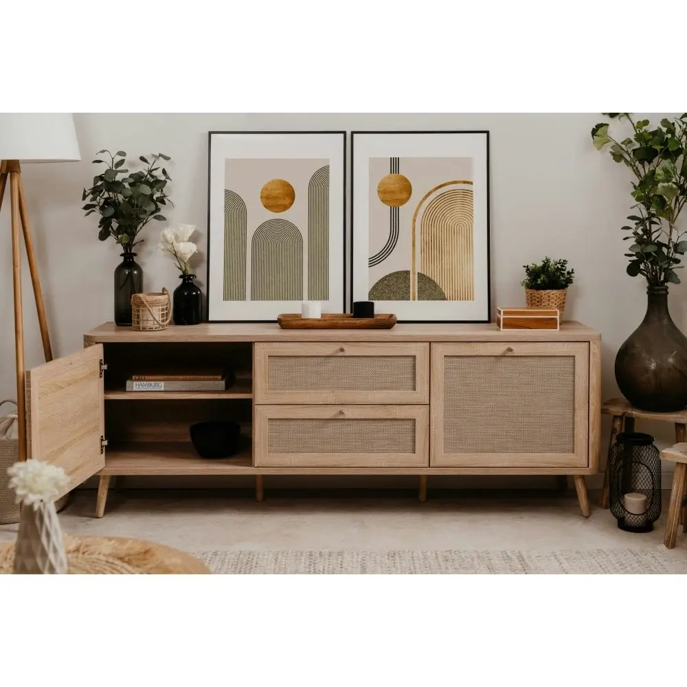 Design Square Cliff Lowline Wooden TV Stand Entertainment Unit 2-Doors 2-Drawers Oak