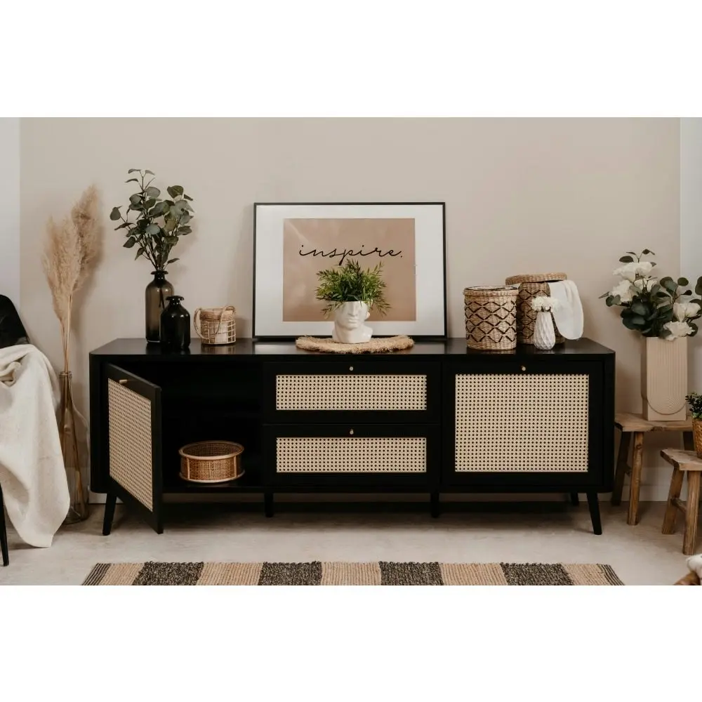 Design Square Cliff Lowline Wooden TV Stand Entertainment Unit 2-Doors 2-Drawers Black