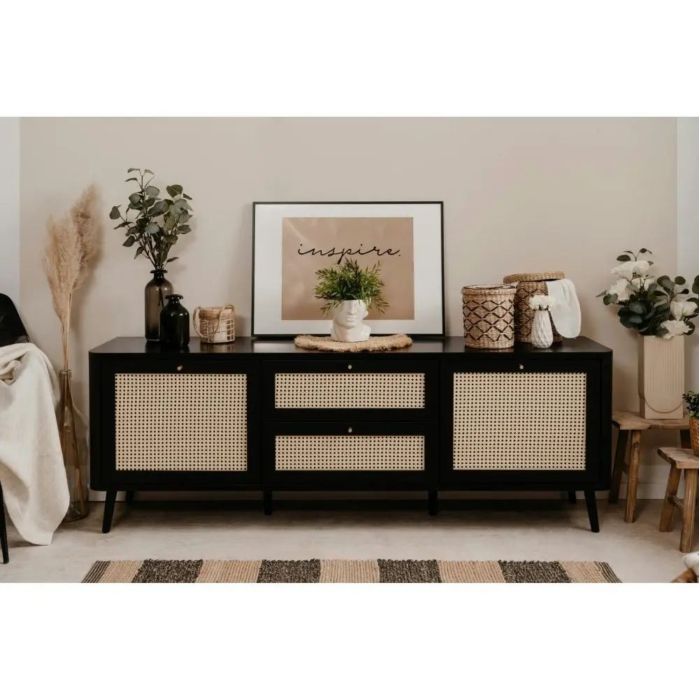 Design Square Cliff Lowline Wooden TV Stand Entertainment Unit 2-Doors 2-Drawers Black