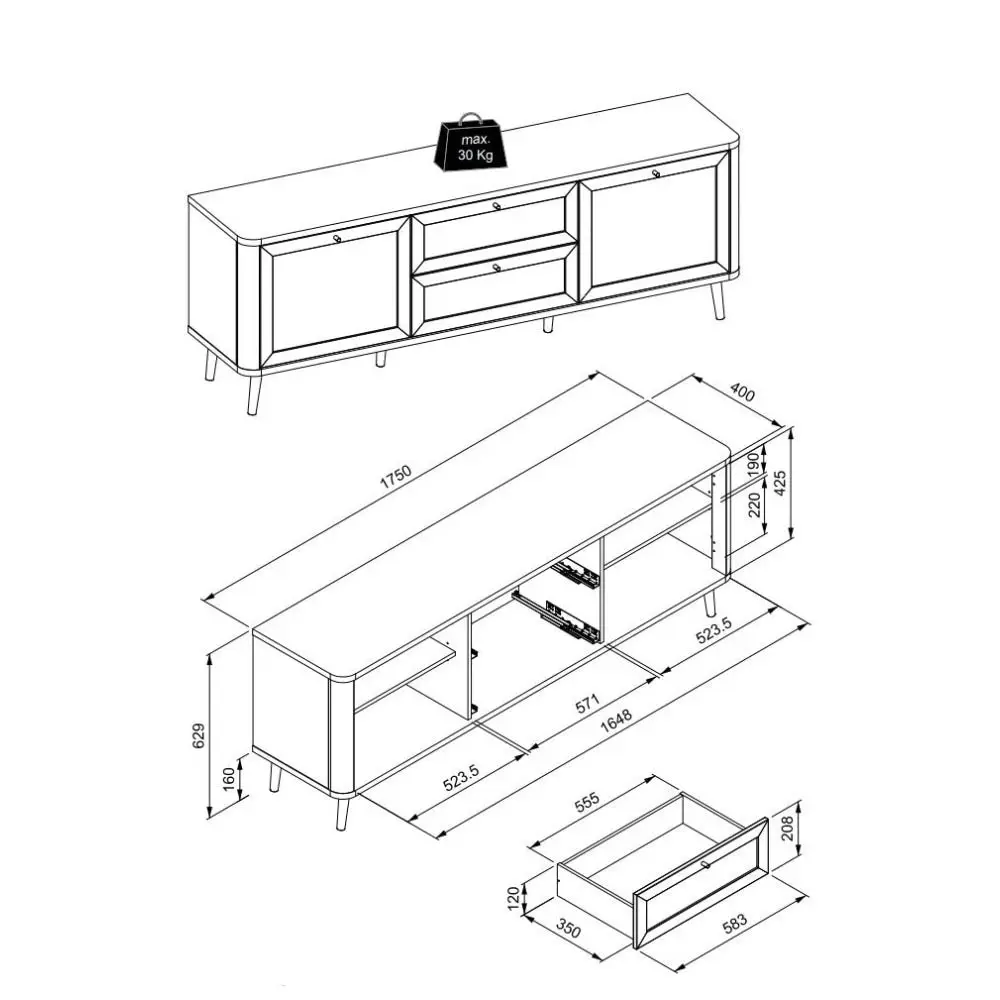 Design Square Cliff Lowline Wooden TV Stand Entertainment Unit 2-Doors 2-Drawers Black