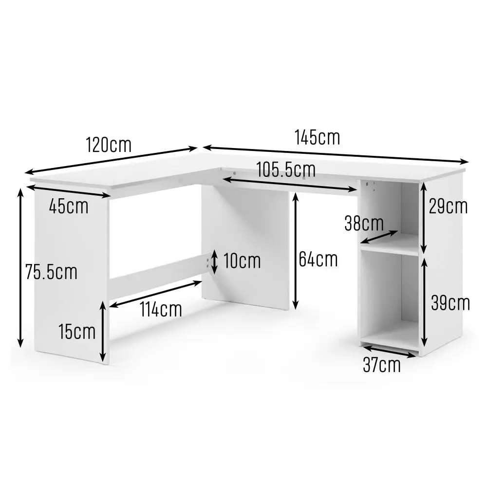 Design Square Walter L-Shape Executive Study Computer Working Task Office Desk Table W/ 2-Shelves White