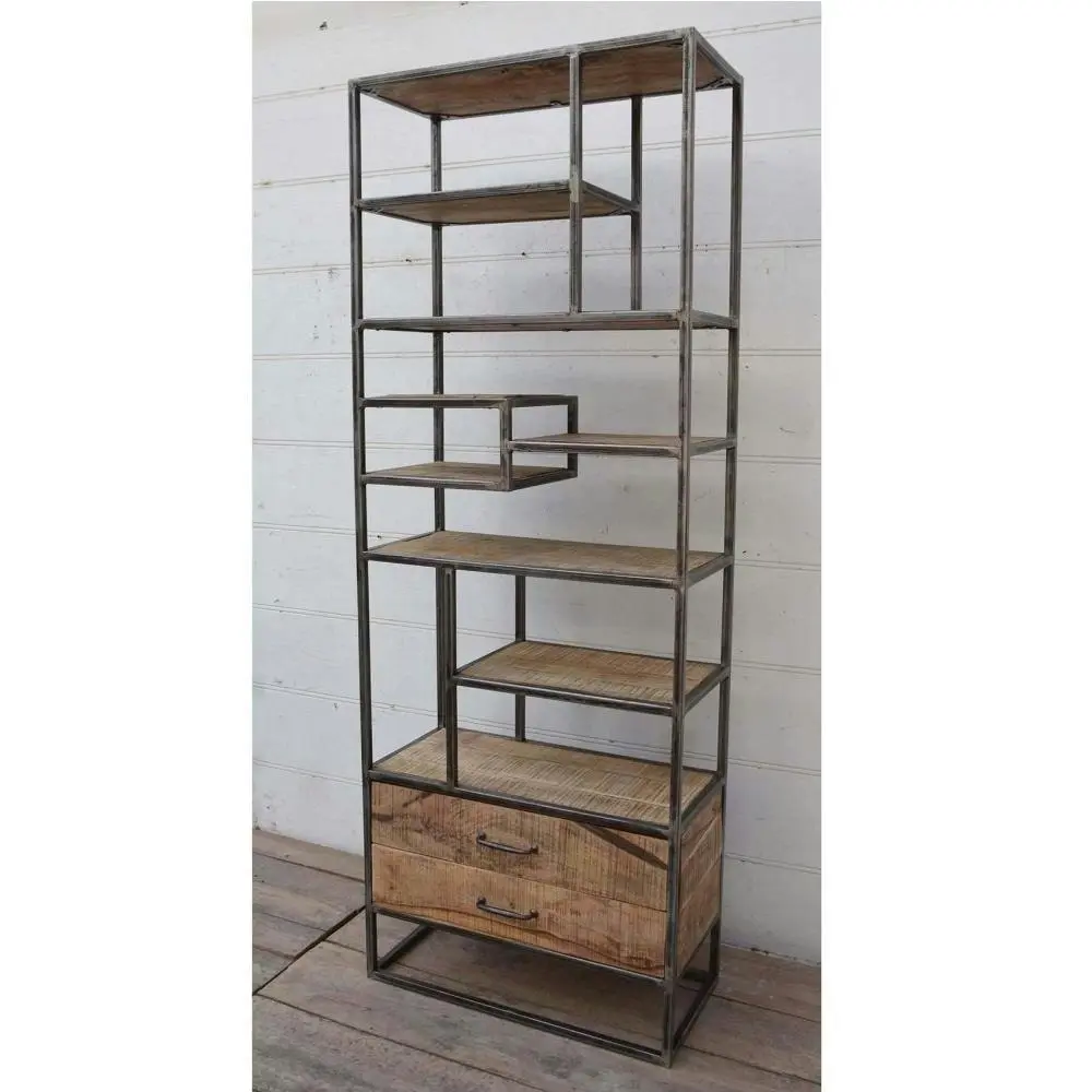 Warren Industrial Slim Iron Bookcase Display Cabinet W/ 2-Drawers