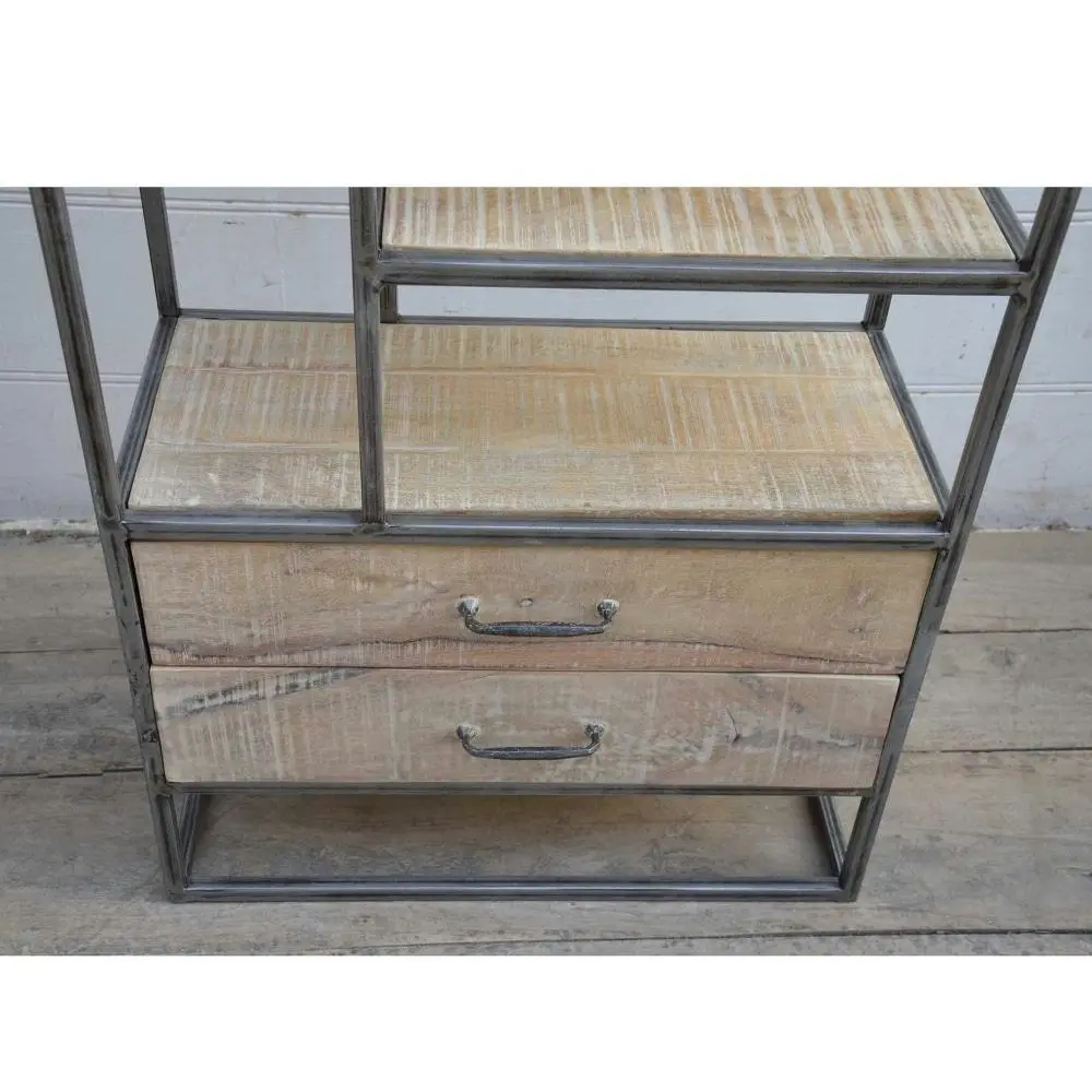 Warren Industrial Slim Iron Bookcase Display Cabinet W/ 2-Drawers