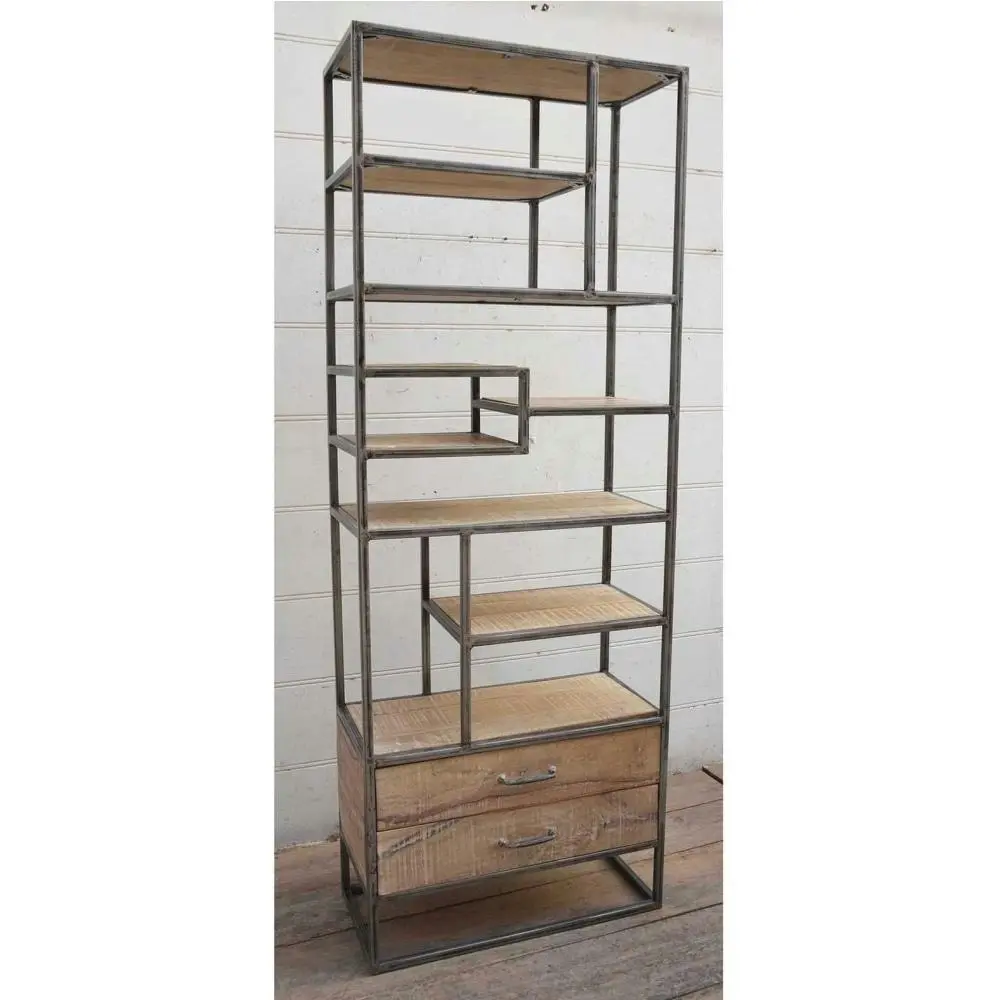 Warren Industrial Slim Iron Bookcase Display Cabinet W/ 2-Drawers