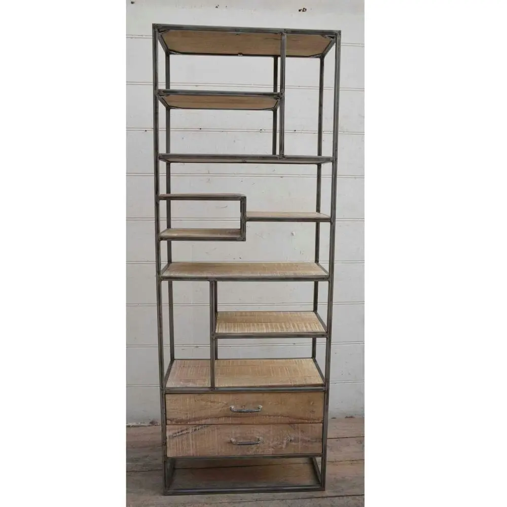 Warren Industrial Slim Iron Bookcase Display Cabinet W/ 2-Drawers