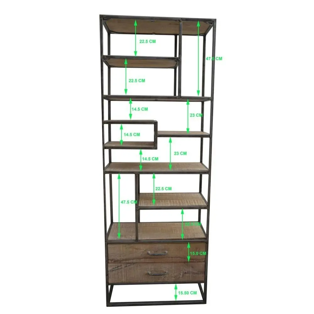 Warren Industrial Slim Iron Bookcase Display Cabinet W/ 2-Drawers