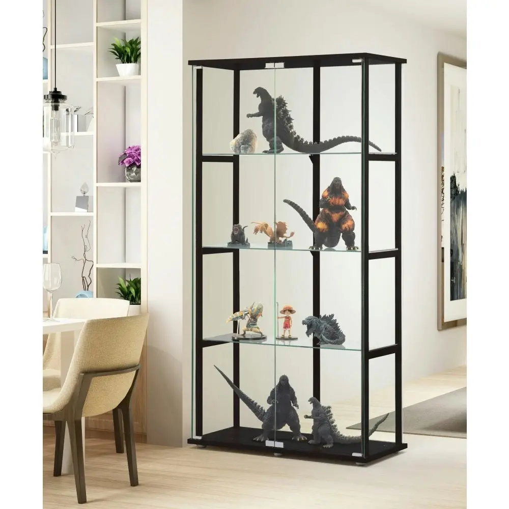 Design Square Dejaro Modern 4-Tier Display Shelf Storage Cabinet W/ 2-Doors - Glass/Black