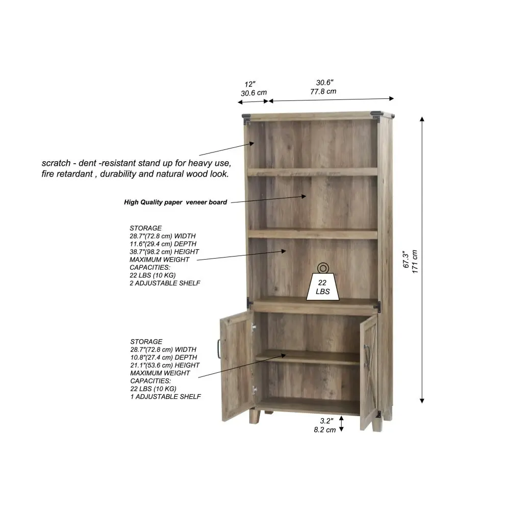 Maestro Furniture Cairo 5-Tier Bookcase Shelf Bookshelves Storage Cabinet W/ Doors- Rustic Oak