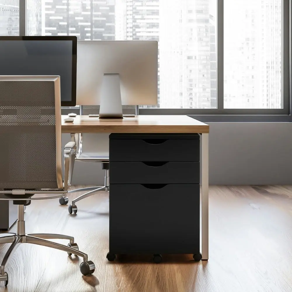 Design Square Marias Mobile Pedestal Filing Cabinet Storage Cabinet W/ 3-Drawers - Black