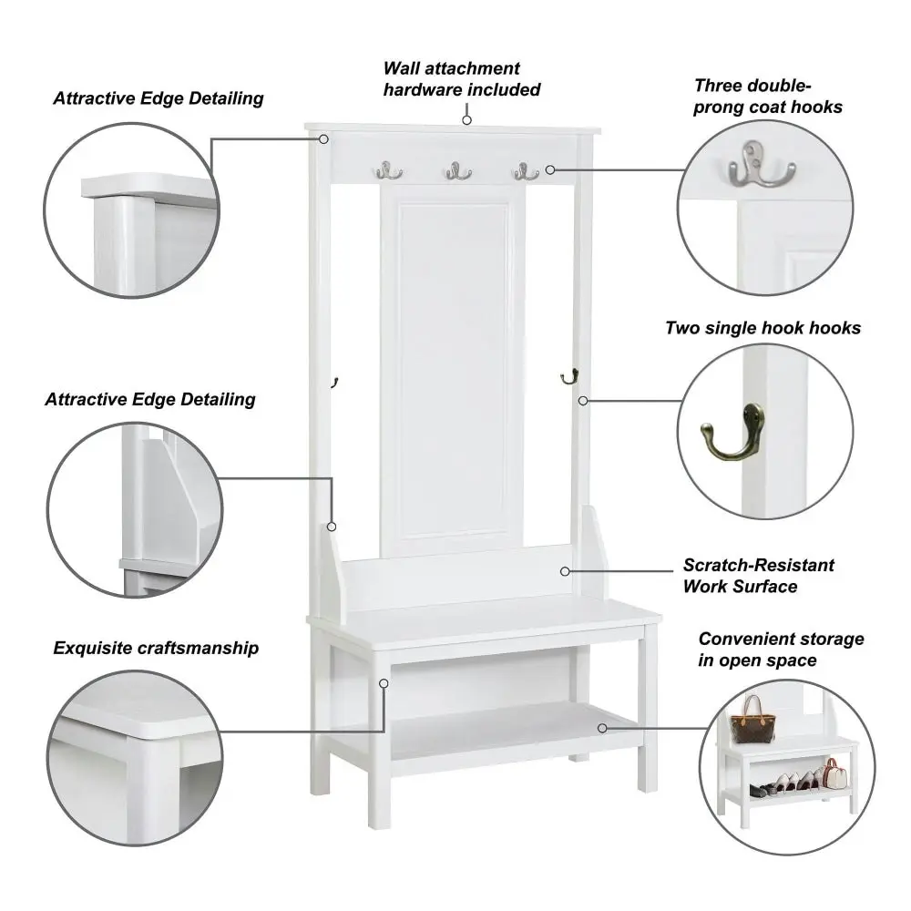 Maestro Furniture Hinton Modern Minimalist Coat Rack Hall Tree Shoe Cabinet - White