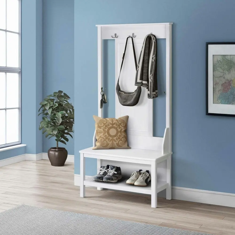 Maestro Furniture Hinton Modern Minimalist Coat Rack Hall Tree Shoe Cabinet - White