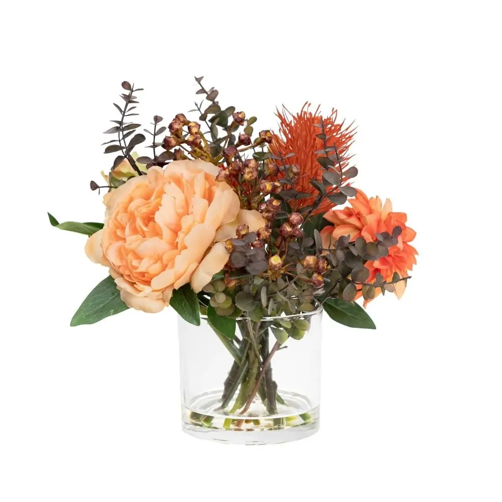 Glamorous Fusion Peony & Banksia 30cm Peach Artificial Faux Plant Flower Decorative Mixed Arrangement In Glass