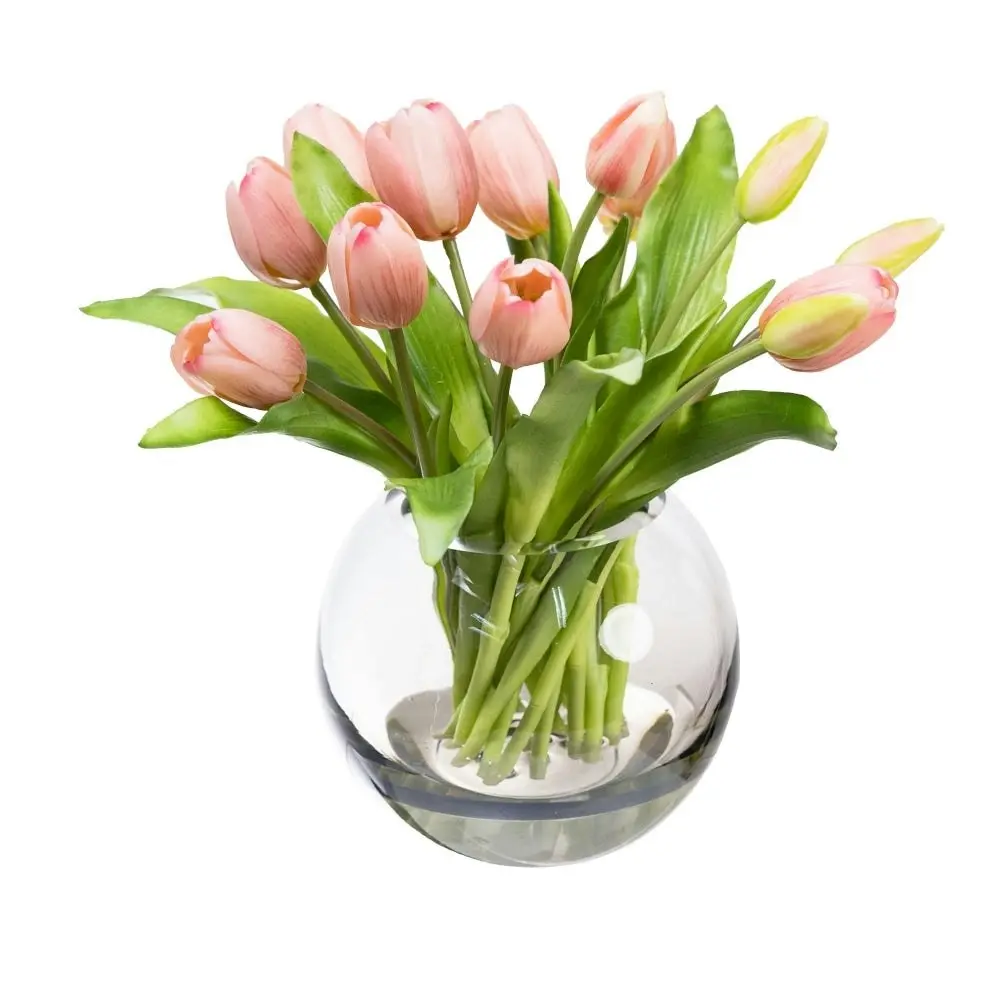 Glamorous Fusion Pink Tulip 29cm Artificial Faux Flower Plant Decorative Arrangement In Fishbowl