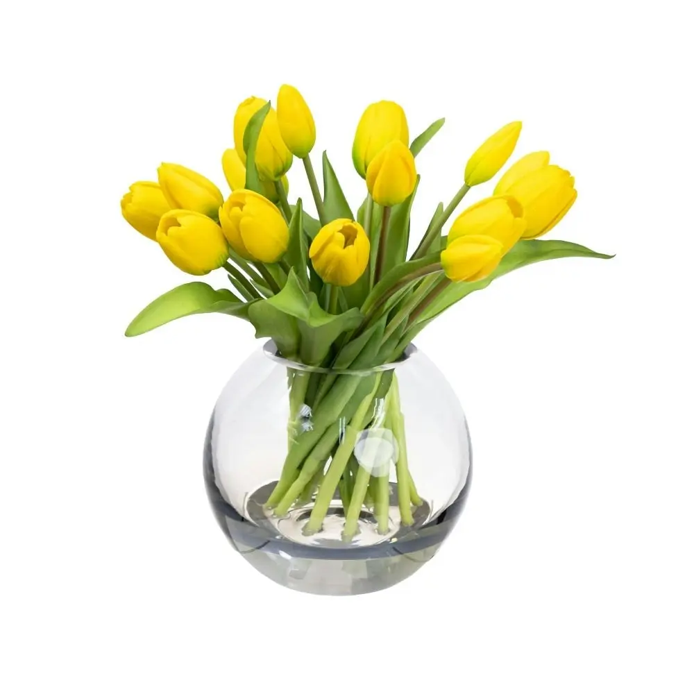 Glamorous Fusion Yellow Tulip Artificial Faux Flower Plant Decorative Arrangement In Fishbowl