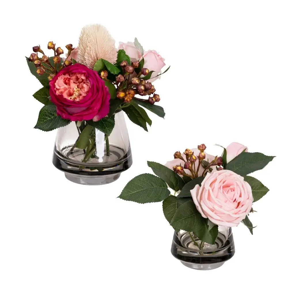 Glamorous Fusion Set Of 2 Real Touch Rose Mixed Artificial Faux Plant Flower Decorative Arrangement In Fishbowl Vase