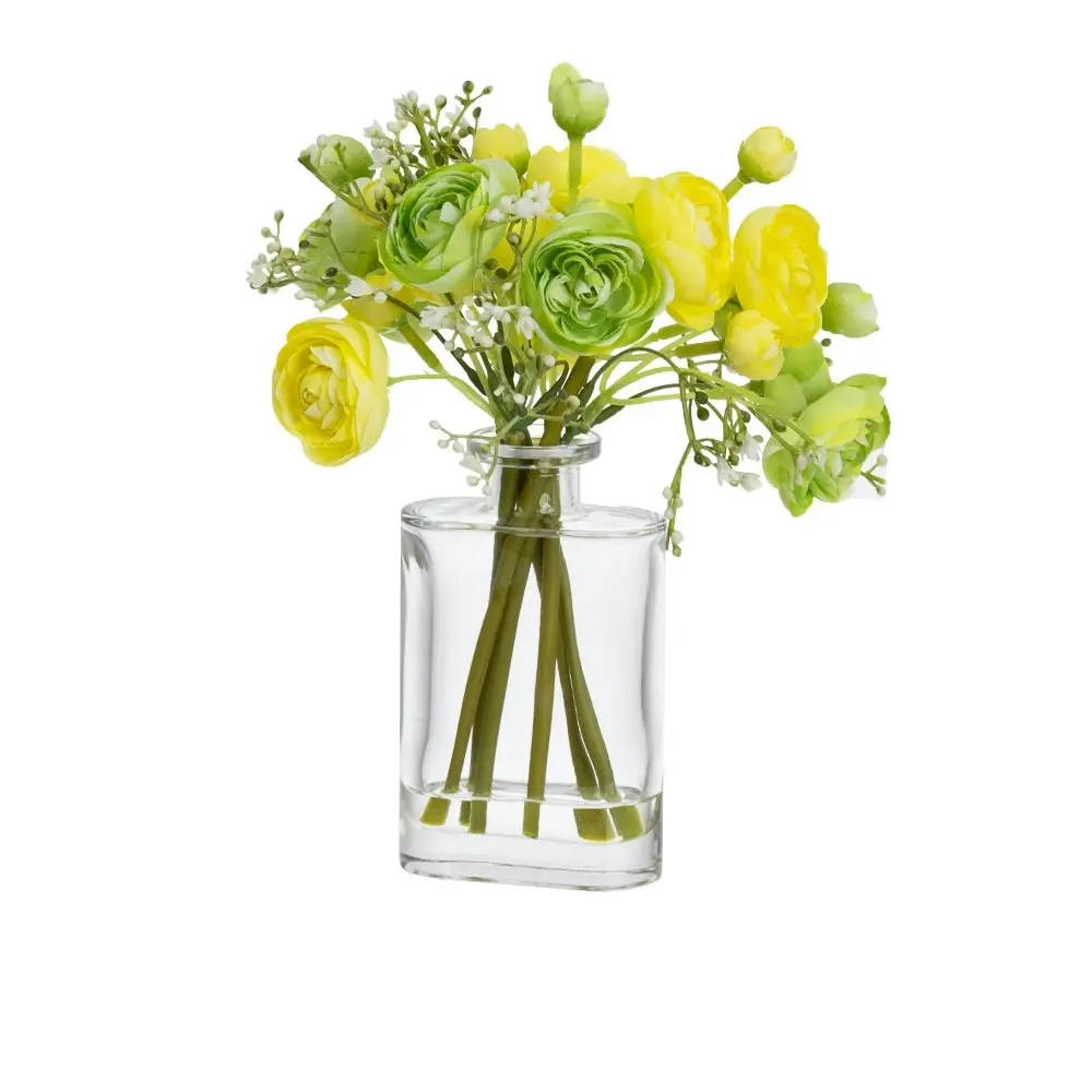 Glamorous Fusion Yellow & Green Rununculus 20cm Mixed Artificial Faux Flower Plant Decorative Arrangement In Bud Vase