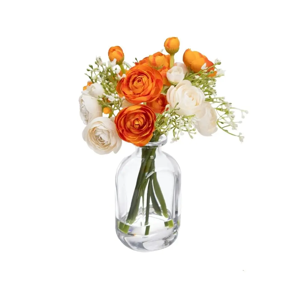 Glamorous Fusion Orange Rununculus 20cm Mixed Artificial Faux Flower Plant Decorative Arrangement In Bud Vase