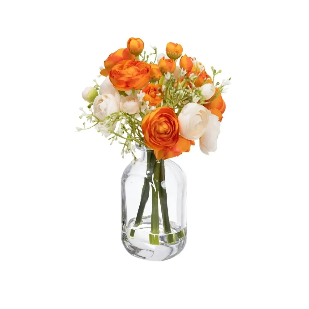 Glamorous Fusion Orange Rununculus 20cm Mixed Artificial Faux Flower Plant Decorative Arrangement In Bud Vase