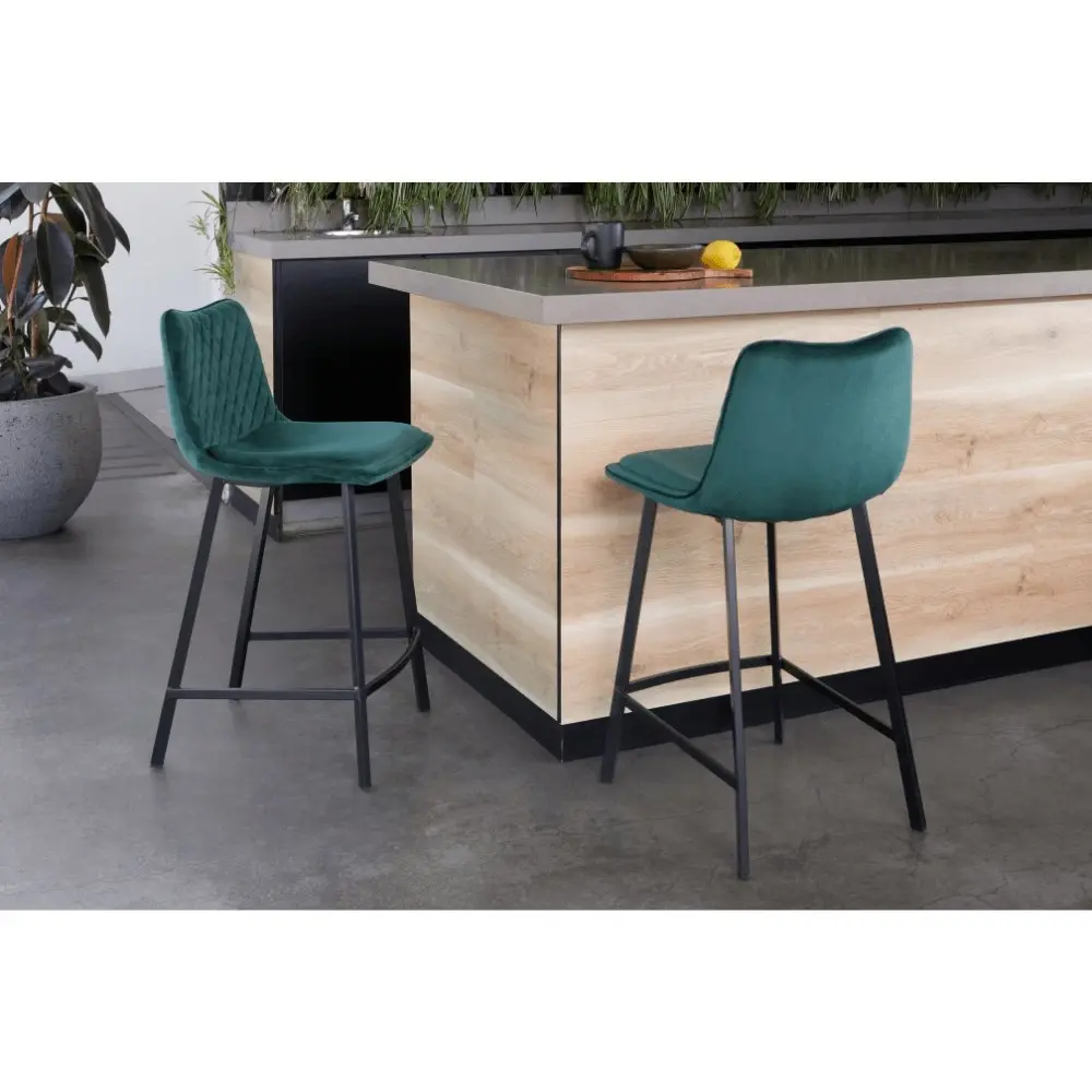 Raimon Furniture Set Of 2 Pippa Velvet Frabric Kitchen Counter Bar Stools 63.5cm Metal Frame - Emerald