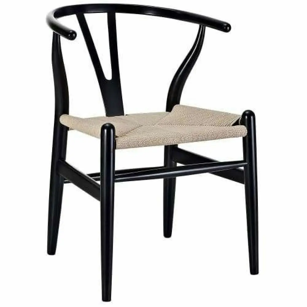 Set of 2 - Hans Wegner Replica Wishbone Cord Dining Chair - Natural Seat - Black