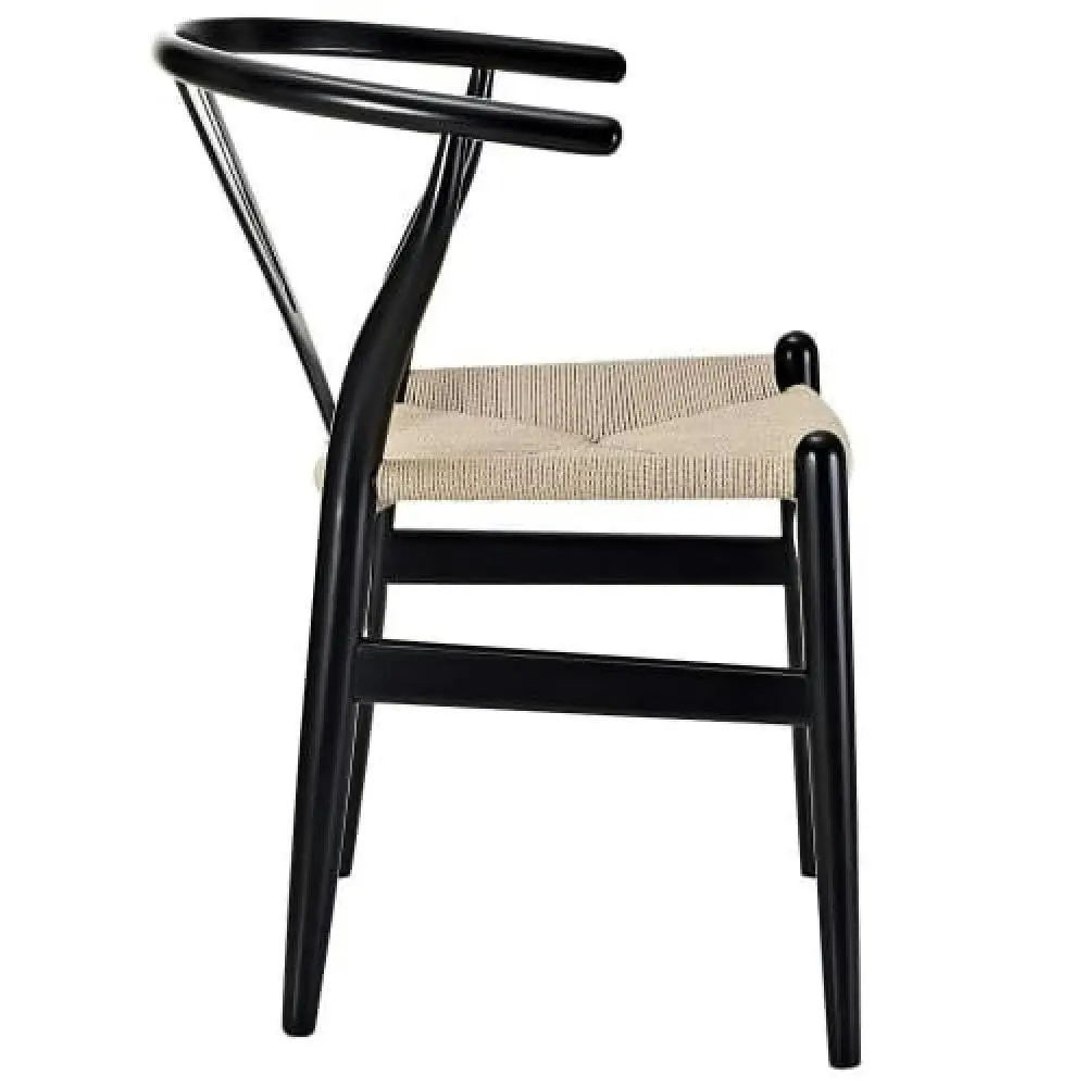 Set of 2 - Hans Wegner Replica Wishbone Cord Dining Chair - Natural Seat - Black