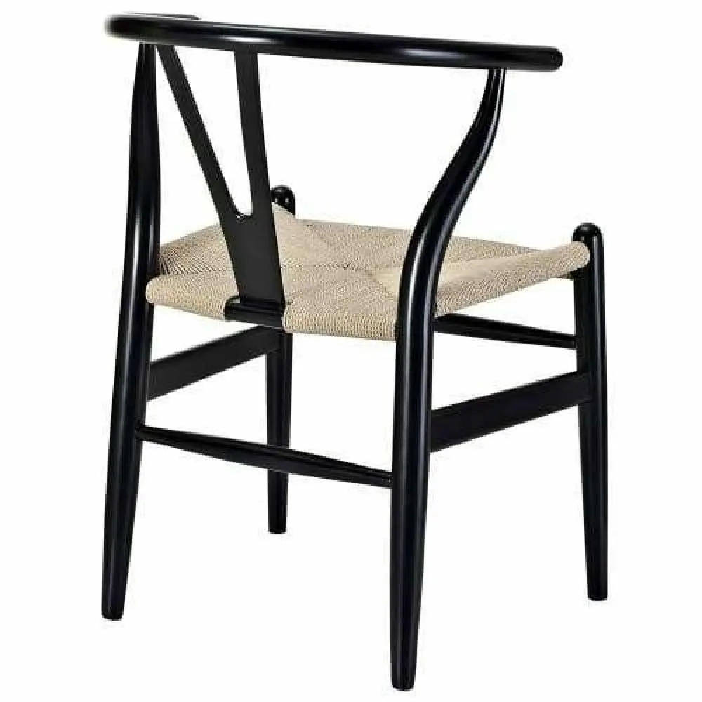 Set of 2 - Hans Wegner Replica Wishbone Cord Dining Chair - Natural Seat - Black