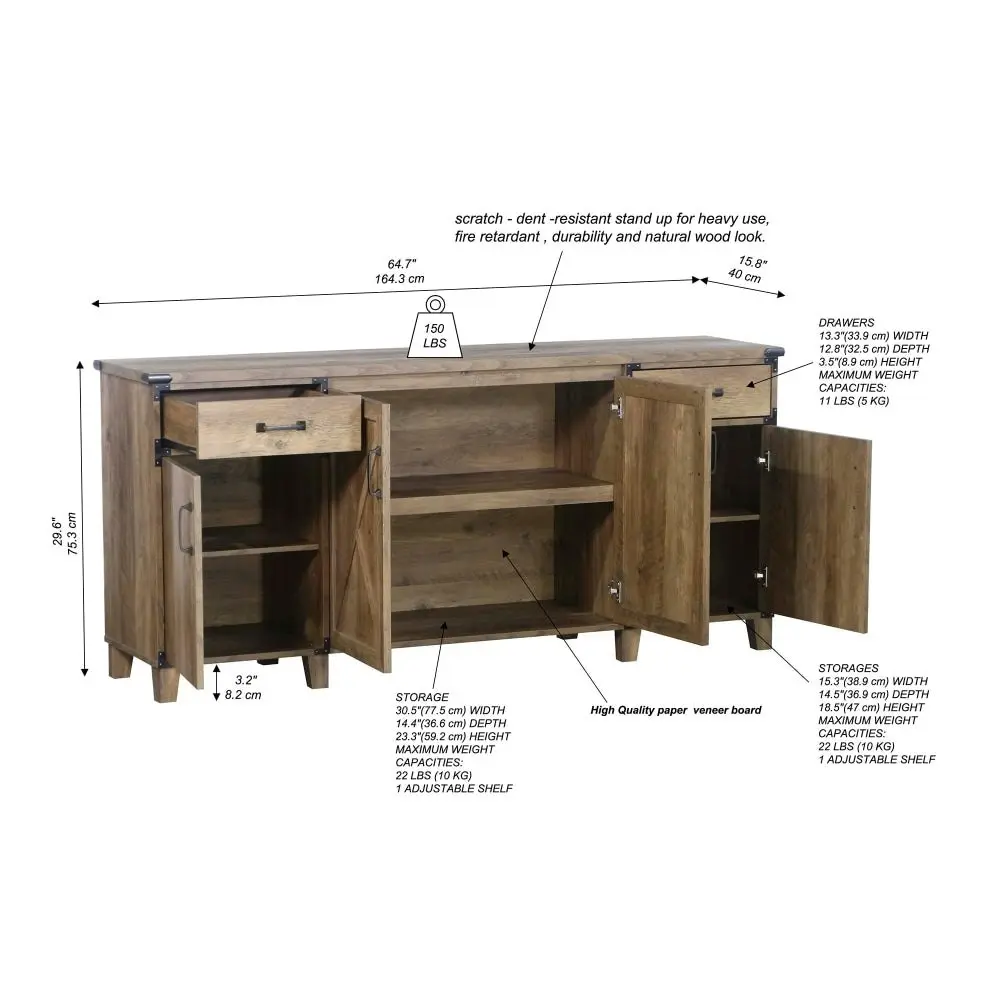 Maestro Furniture Cairo Credenza Office Storage Cabinet Sideboard W/ Doors - Rustic Oak