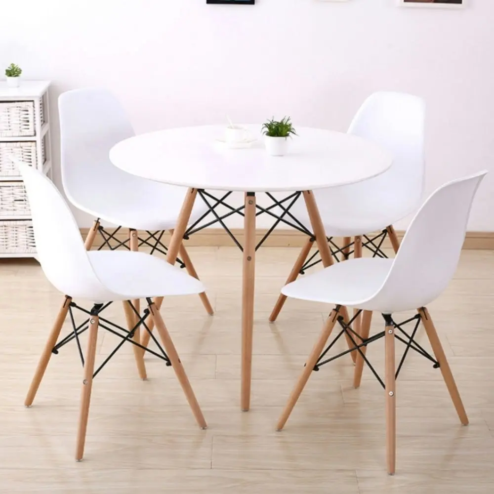 Design Square Round Wooden Dining Table Eiffel Design Wooden Legs 80cm - White