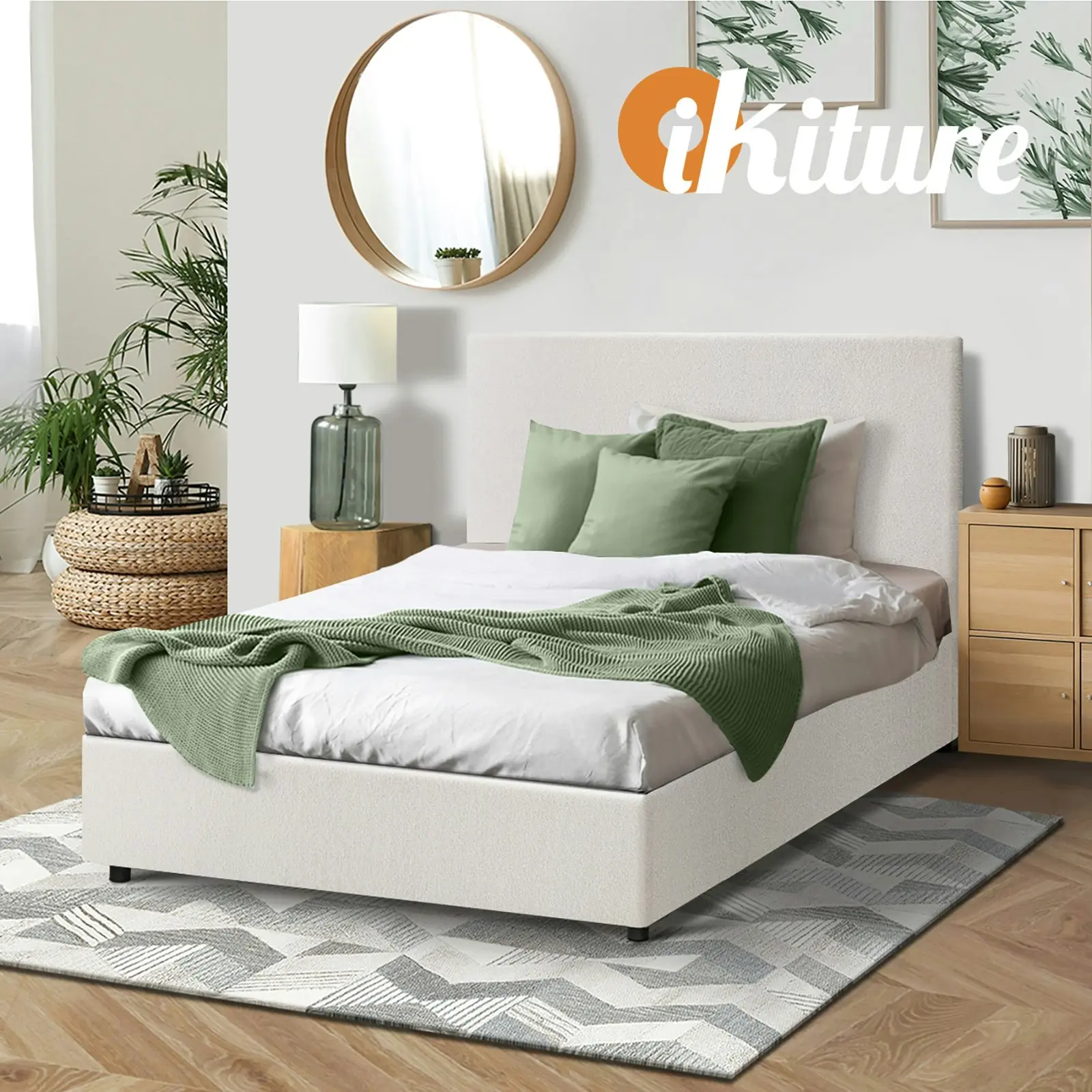 Oikiture Bed Frame Single Size Gas Lift White Boucle