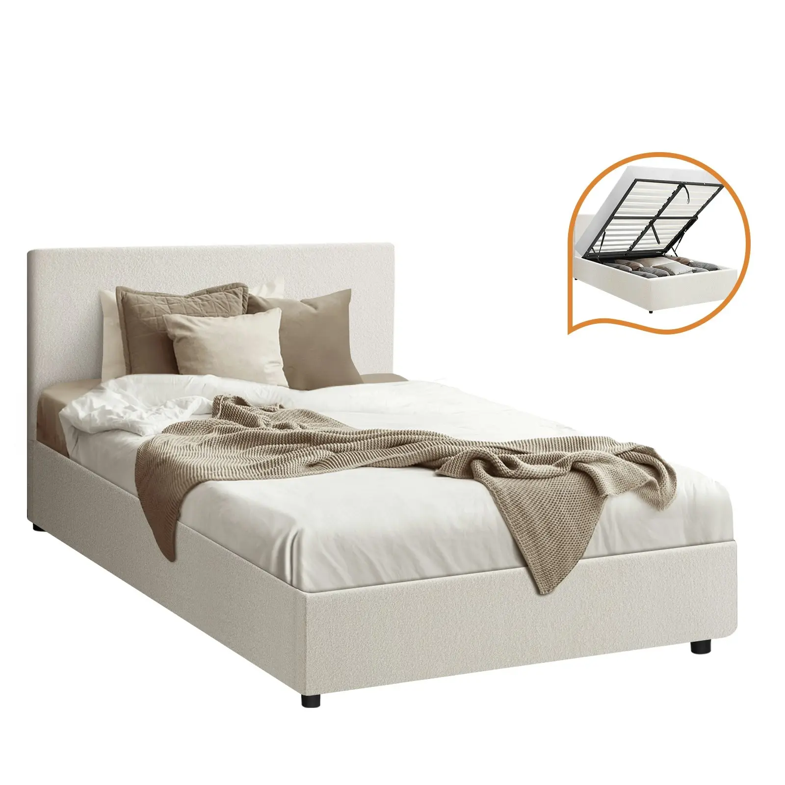 Oikiture Bed Frame Single Size Gas Lift White Boucle