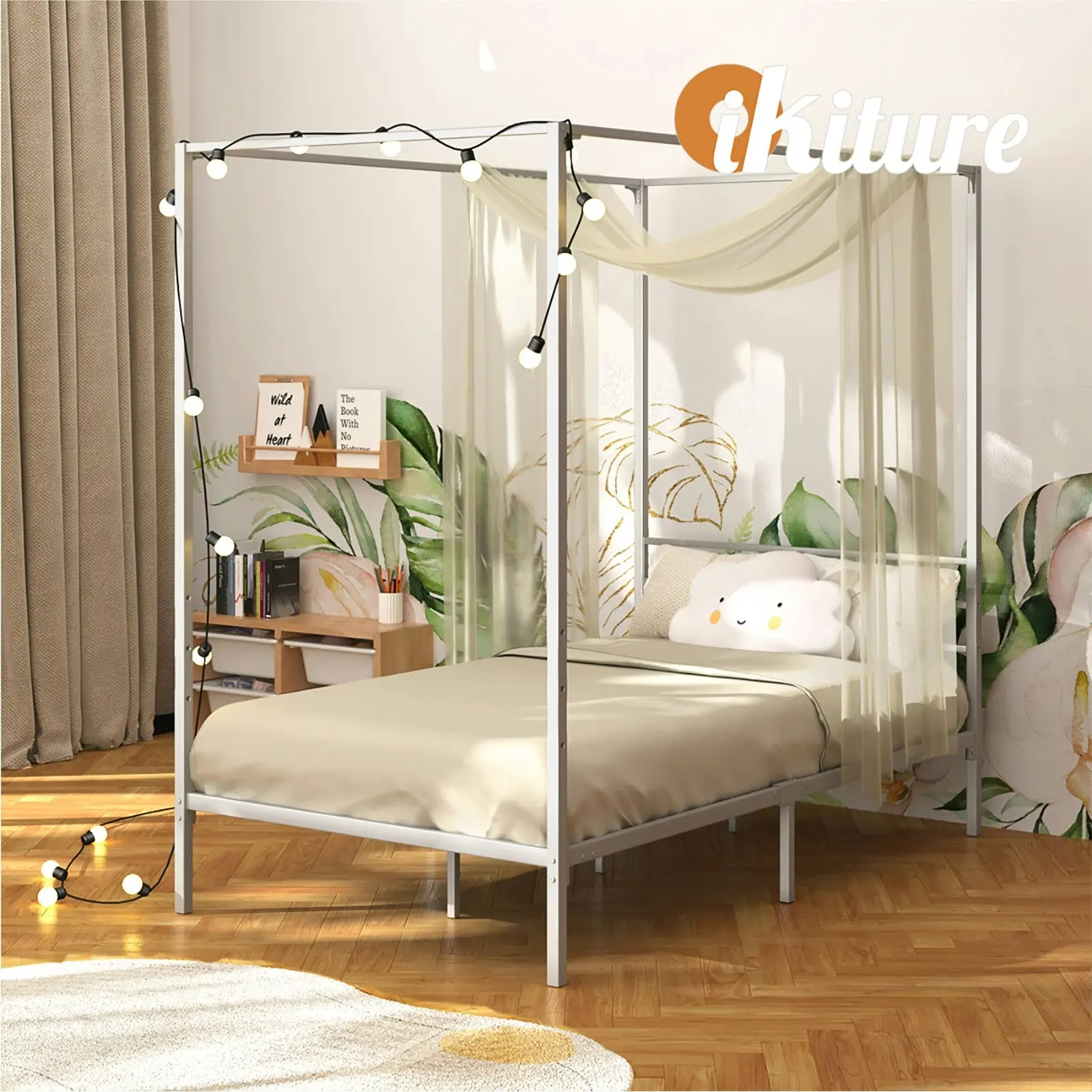 Oikiture Metal Canopy Bed Frame Single Size Beds Platform White