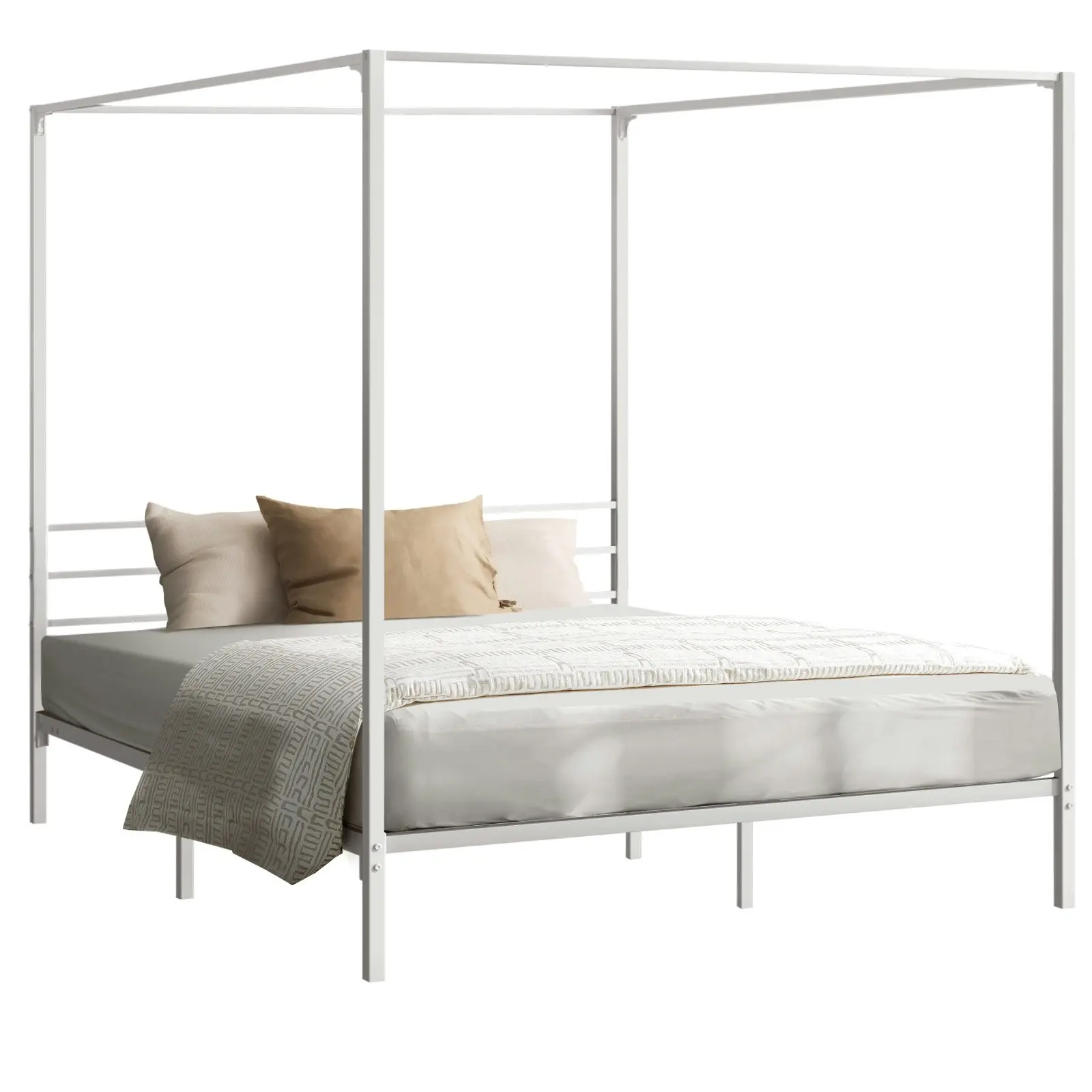 Oikiture Metal Canopy Bed Frame Queen Size Beds Platform White