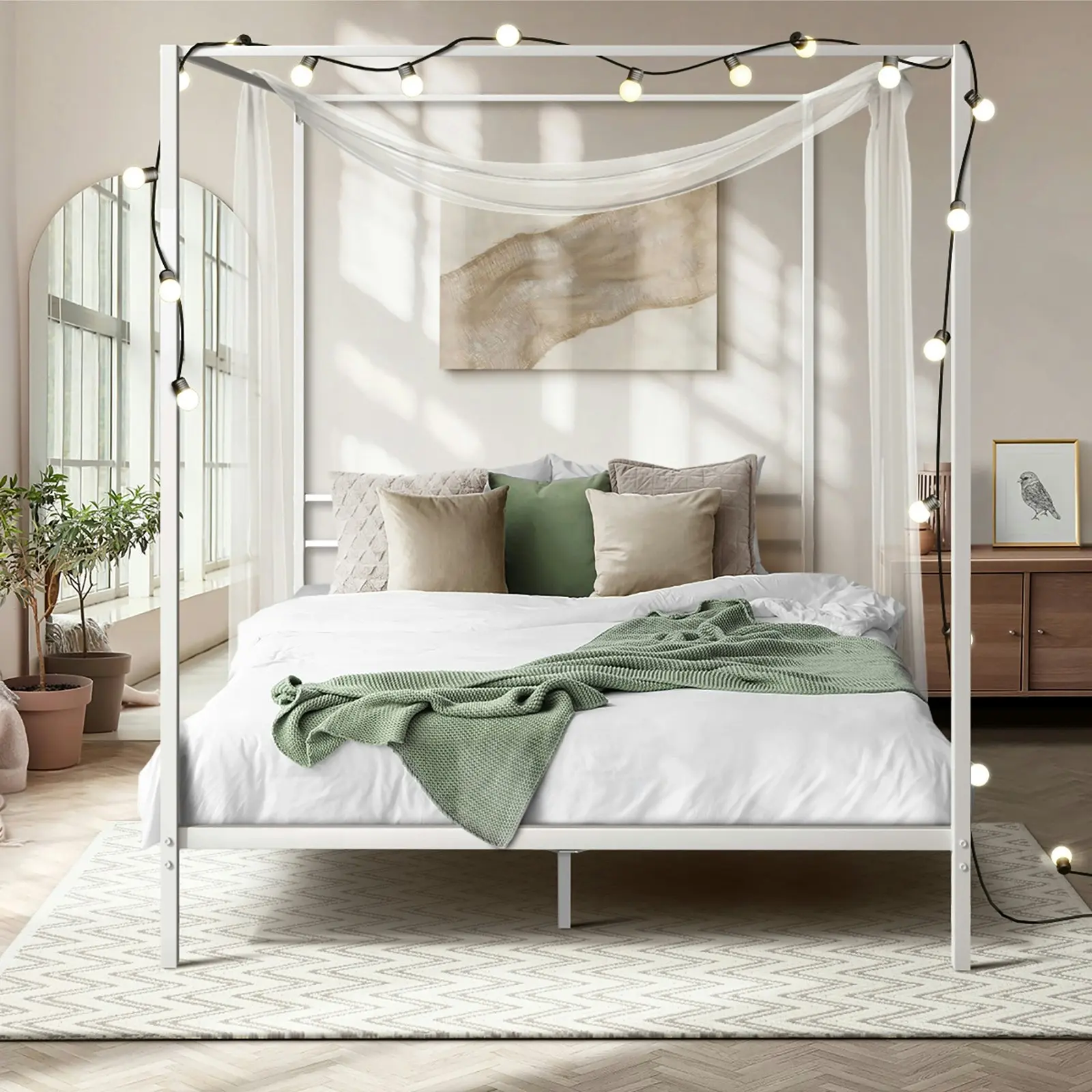 Oikiture Metal Canopy Bed Frame Queen Size Beds Platform White