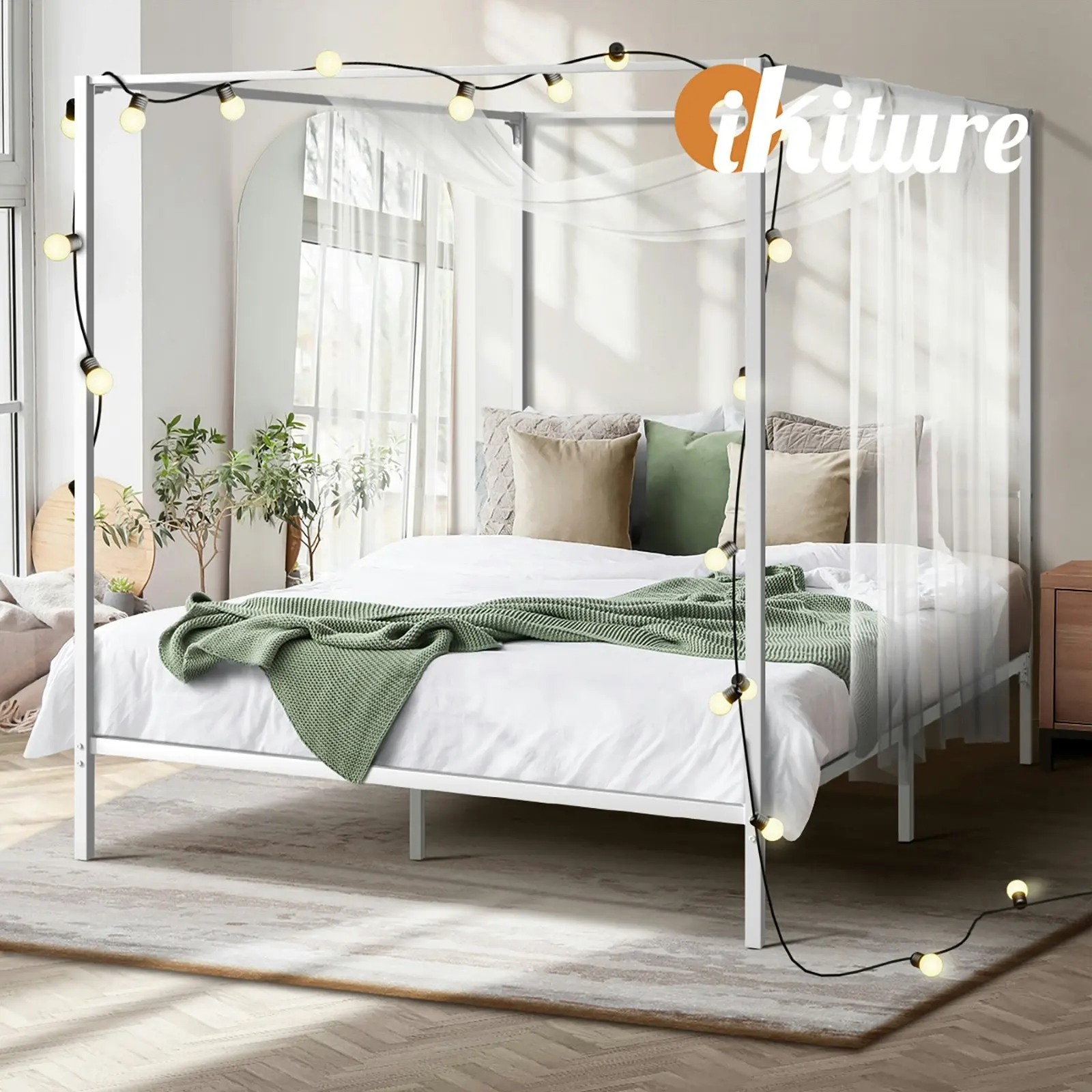 Oikiture Metal Canopy Bed Frame Queen Size Beds Platform White