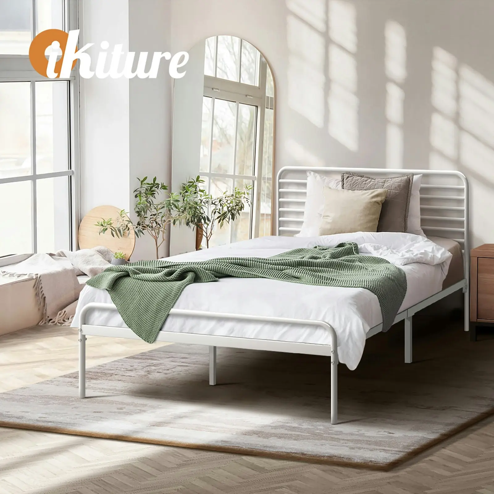 Oikiture Metal Bed Frame King Single Bed Base Beds Platform White